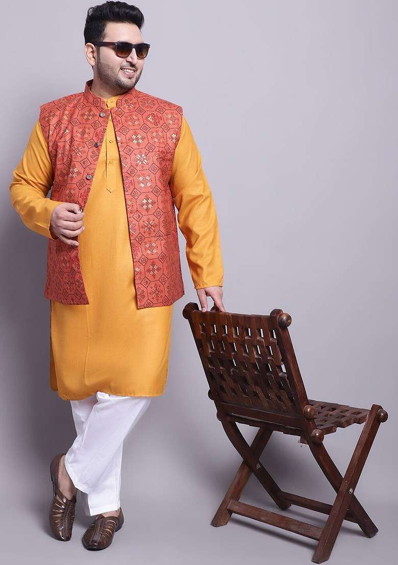 Mustard Solid Cotton Kurta Set For Men - Indya