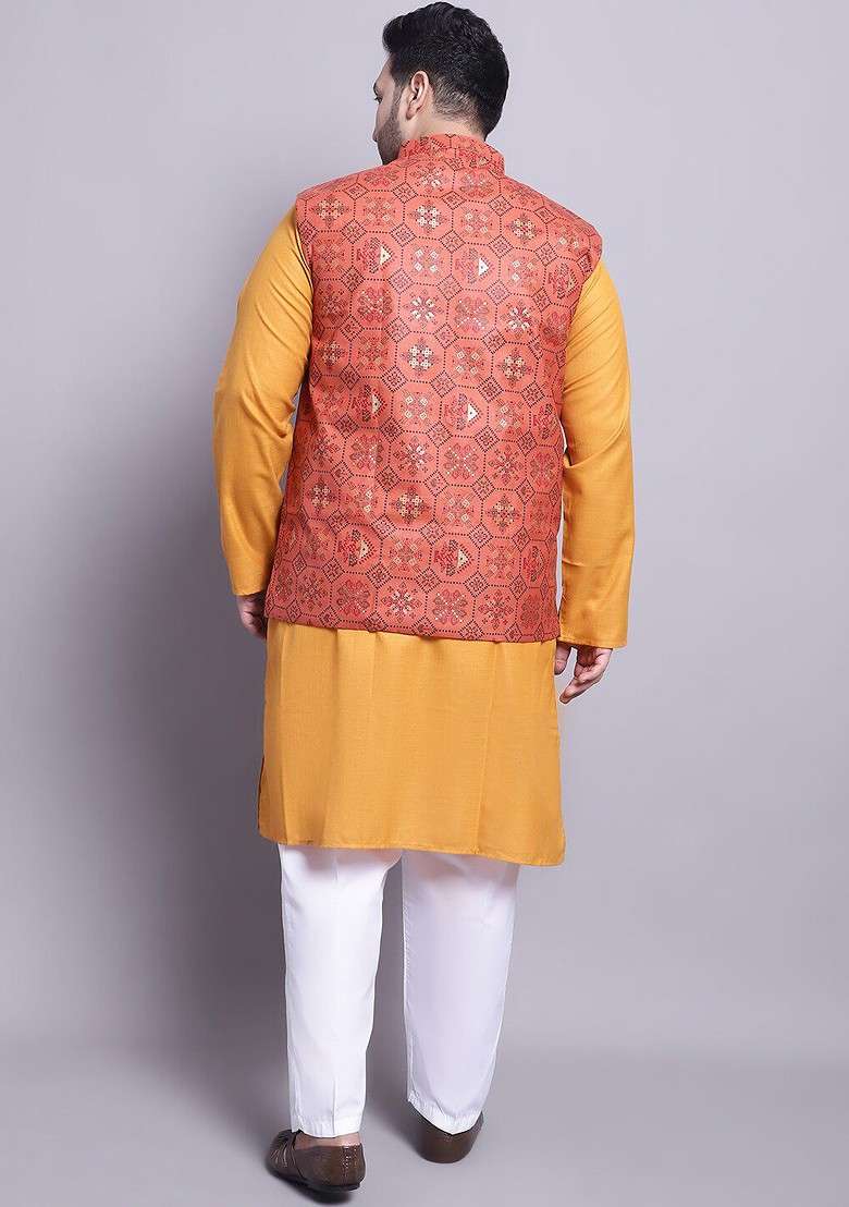 Mustard Solid Cotton Kurta Set For Men - Indya