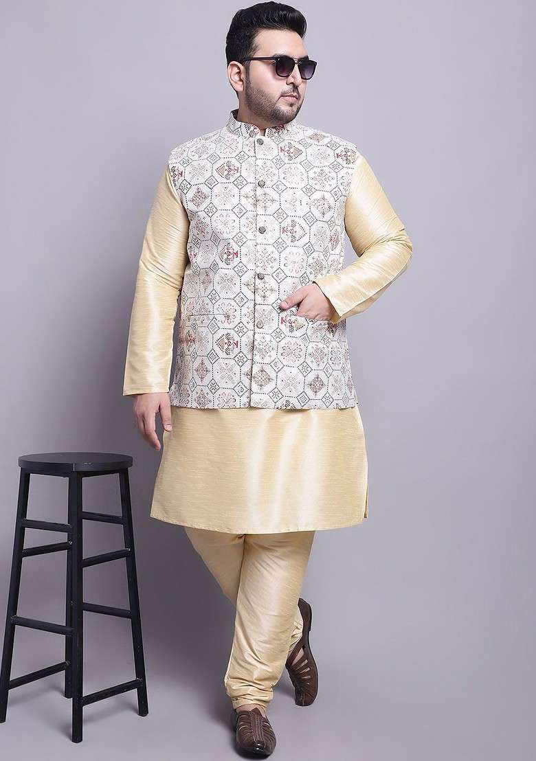 Gold Solid Cotton Kurta Set For Men - Indya
