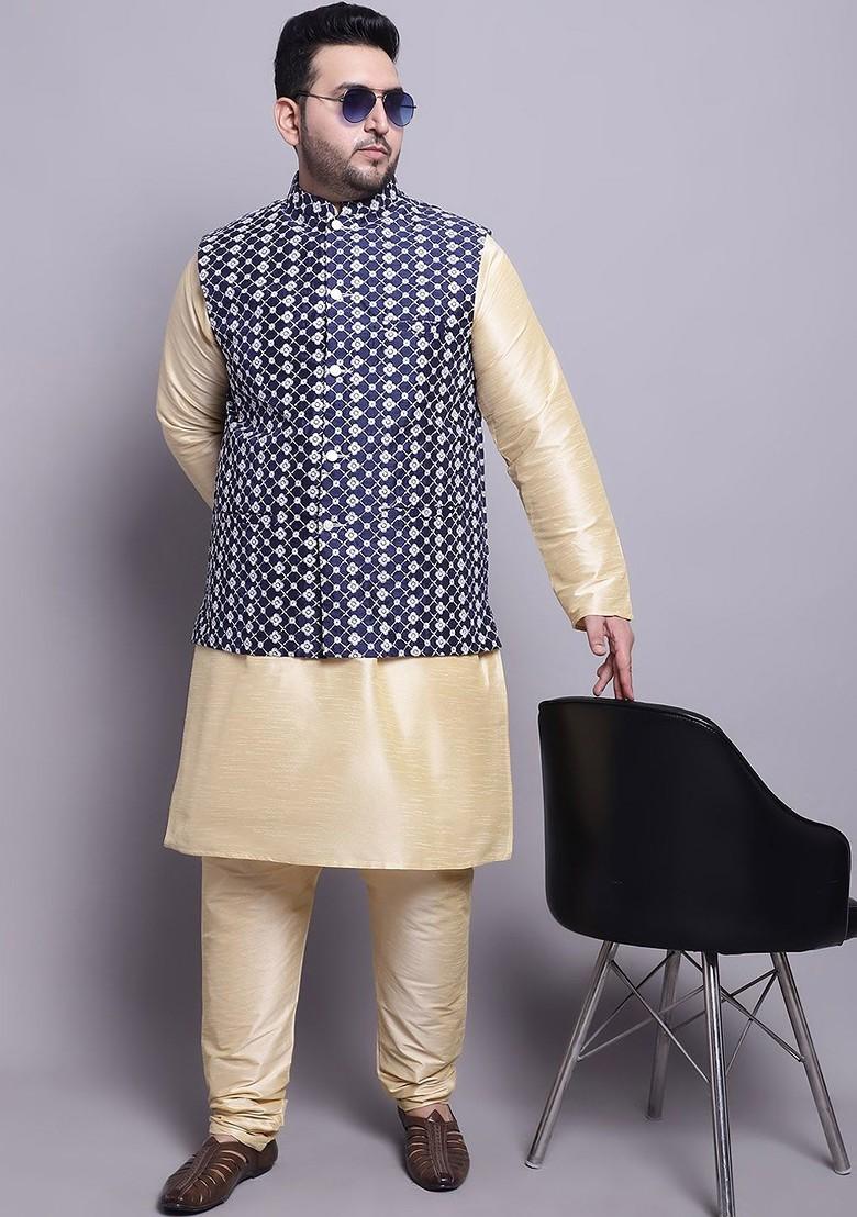 Gold Solid Poly Blend Kurta Set For Men