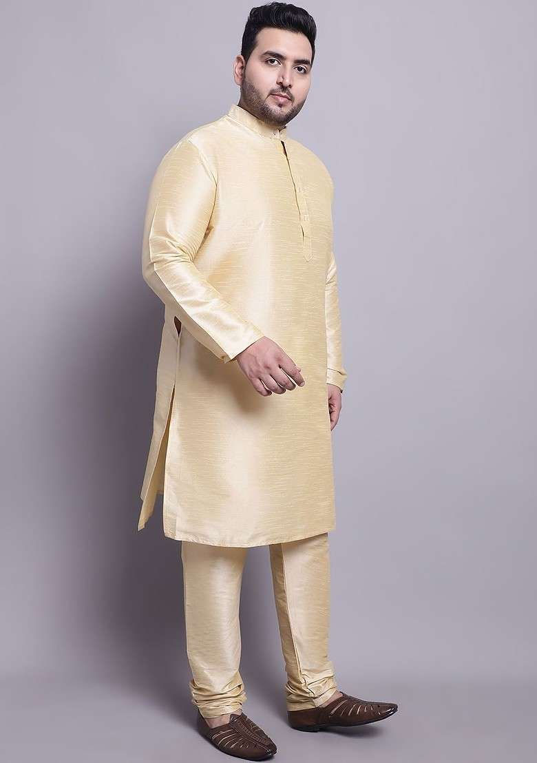 Gold Solid Silk Blend Kurta Set For Men - Indya
