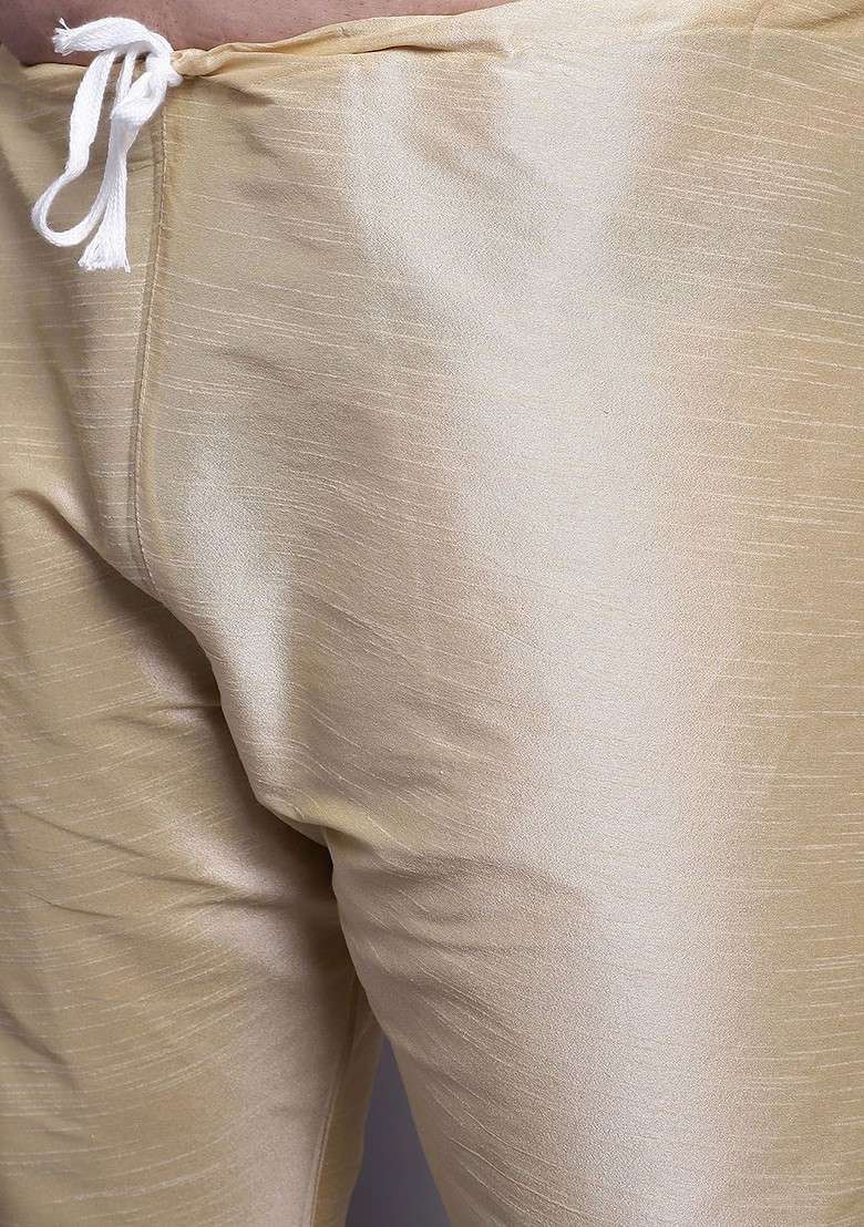 Gold Solid Silk Blend Kurta Set For Men - Indya