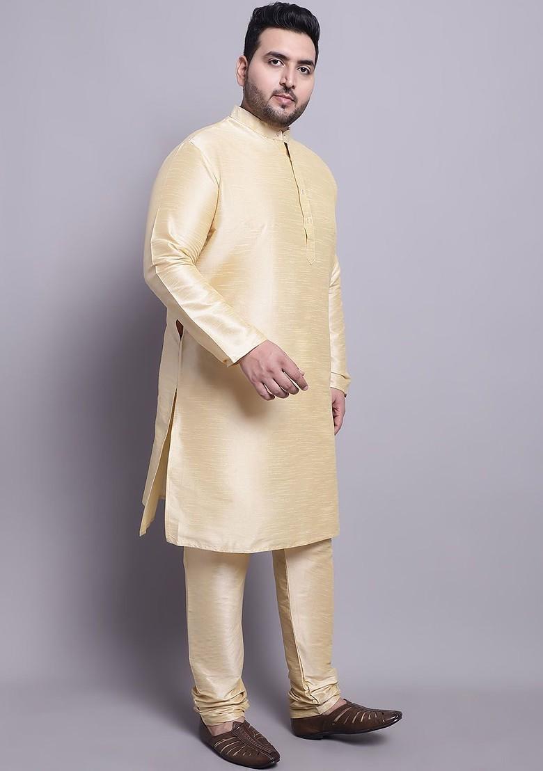 Gold Solid Silk Kurta Set For Men