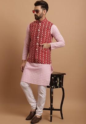 Pink Embroidered Cotton Kurta Set For Men