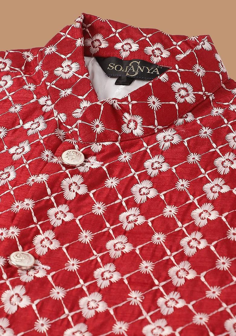 Pink Embroidered Cotton Kurta Set For Men