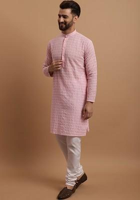 Pink Embroidered Cotton Kurta Set For Men