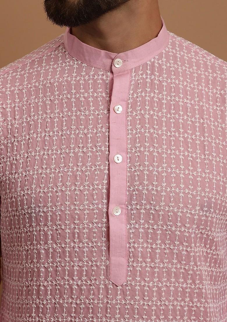 Pink Embroidered Cotton Kurta Set For Men
