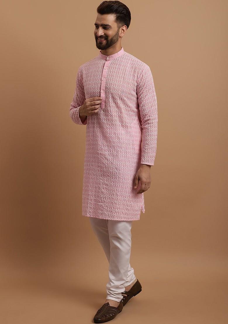 Pink Embroidered Cotton Kurta Set For Men