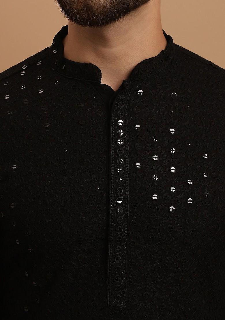Black Embroidered Cotton Kurta Set For Men