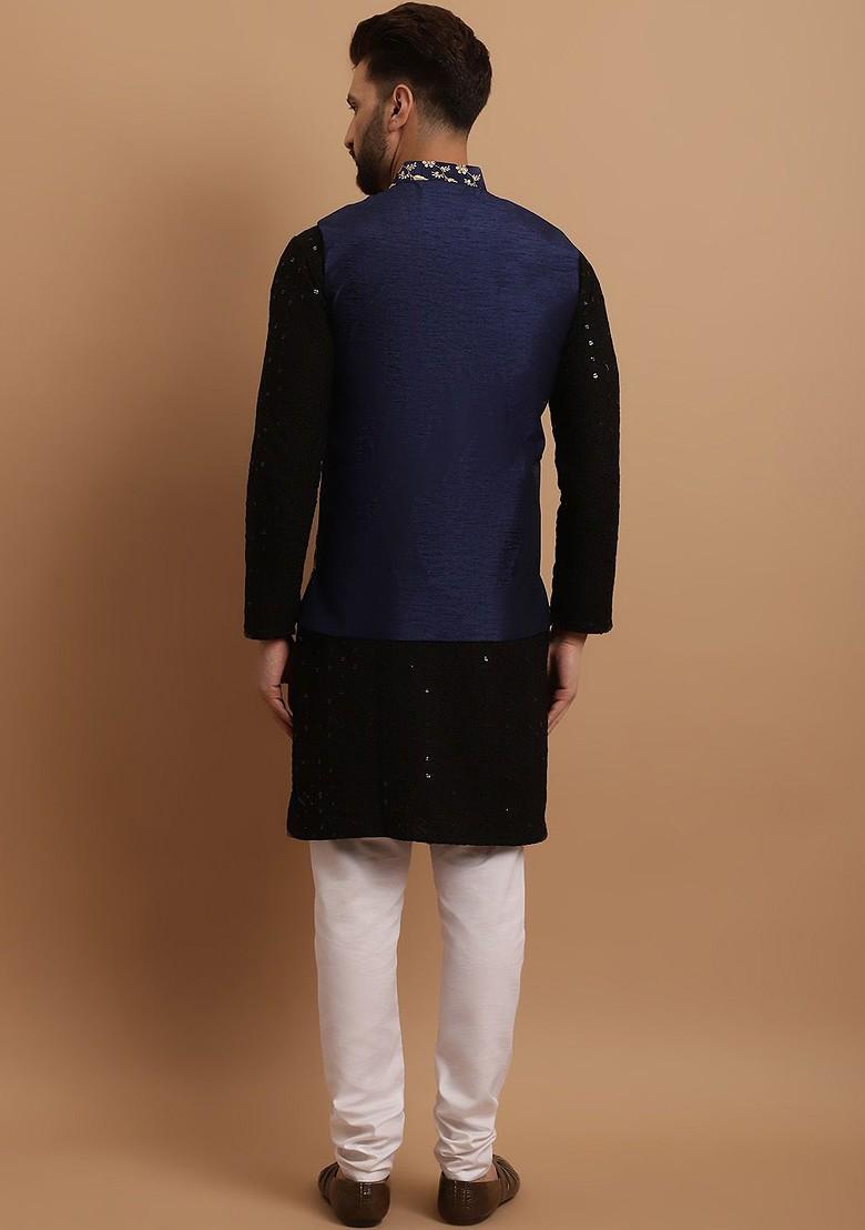 Black Embroidered Cotton Kurta Set For Men