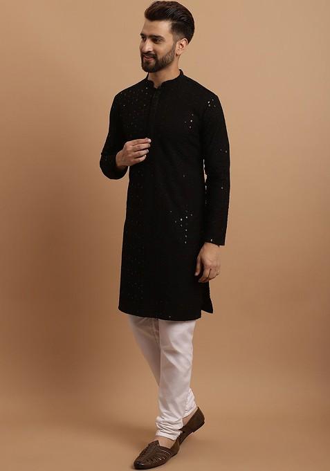 Black Embroidered Cotton Kurta Set For Men