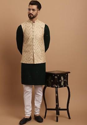 Green Embroidered Cotton Kurta Set For Men