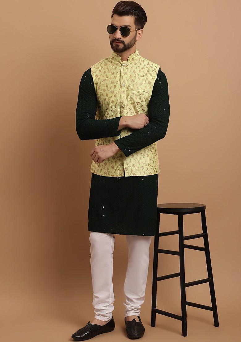 Green Embroidered Cotton Kurta Set For Men