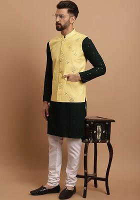 Green Embroidered Cotton Kurta Set For Men