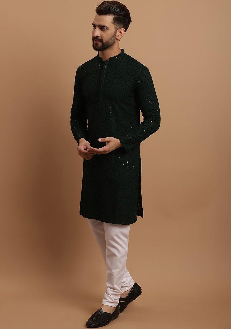 Green Embroidered Cotton Kurta Set For Men