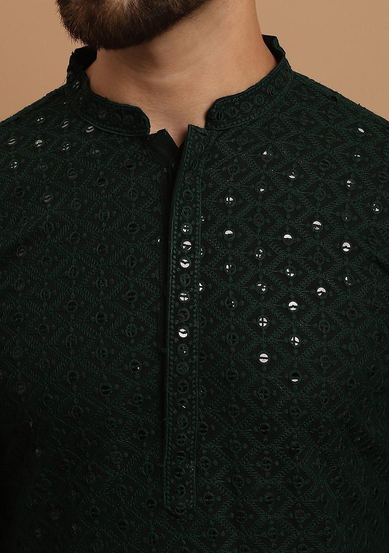 Green Embroidered Cotton Kurta Set For Men