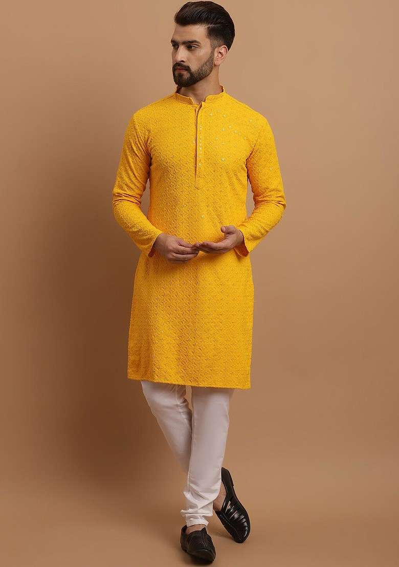 Mustard Embroidered Cotton Kurta Set For Men - Indya