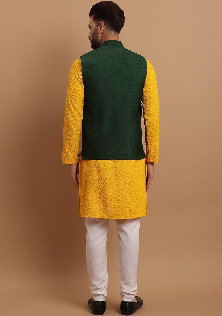 Mustard Embroidered Cotton Kurta Set For Men