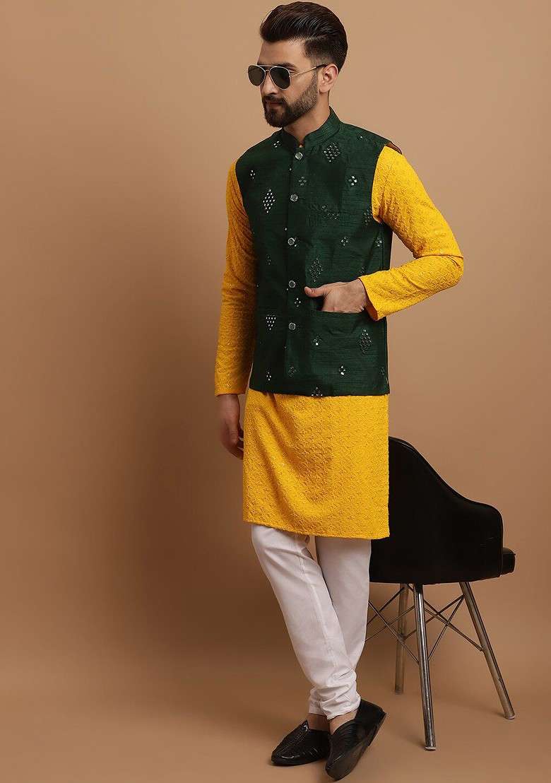 Mustard Embroidered Cotton Kurta Set For Men - Indya
