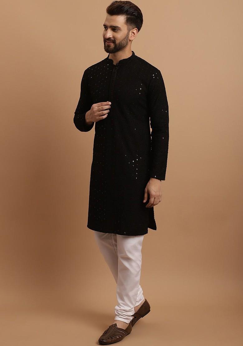 Black Embroidered Cotton Kurta Set For Men