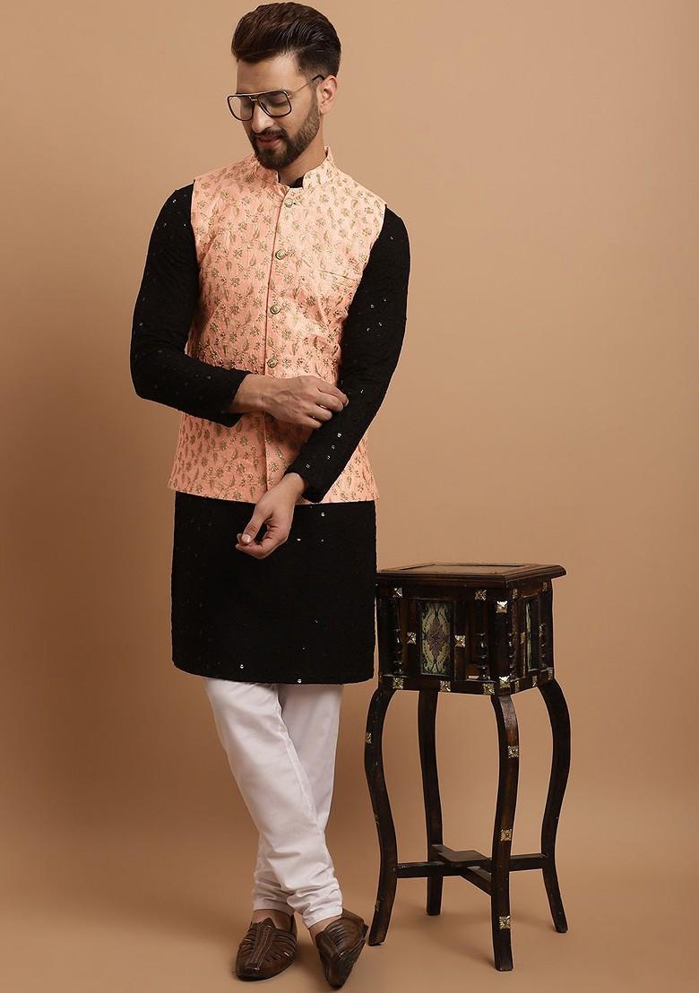 Black Embroidered Cotton Kurta Set For Men