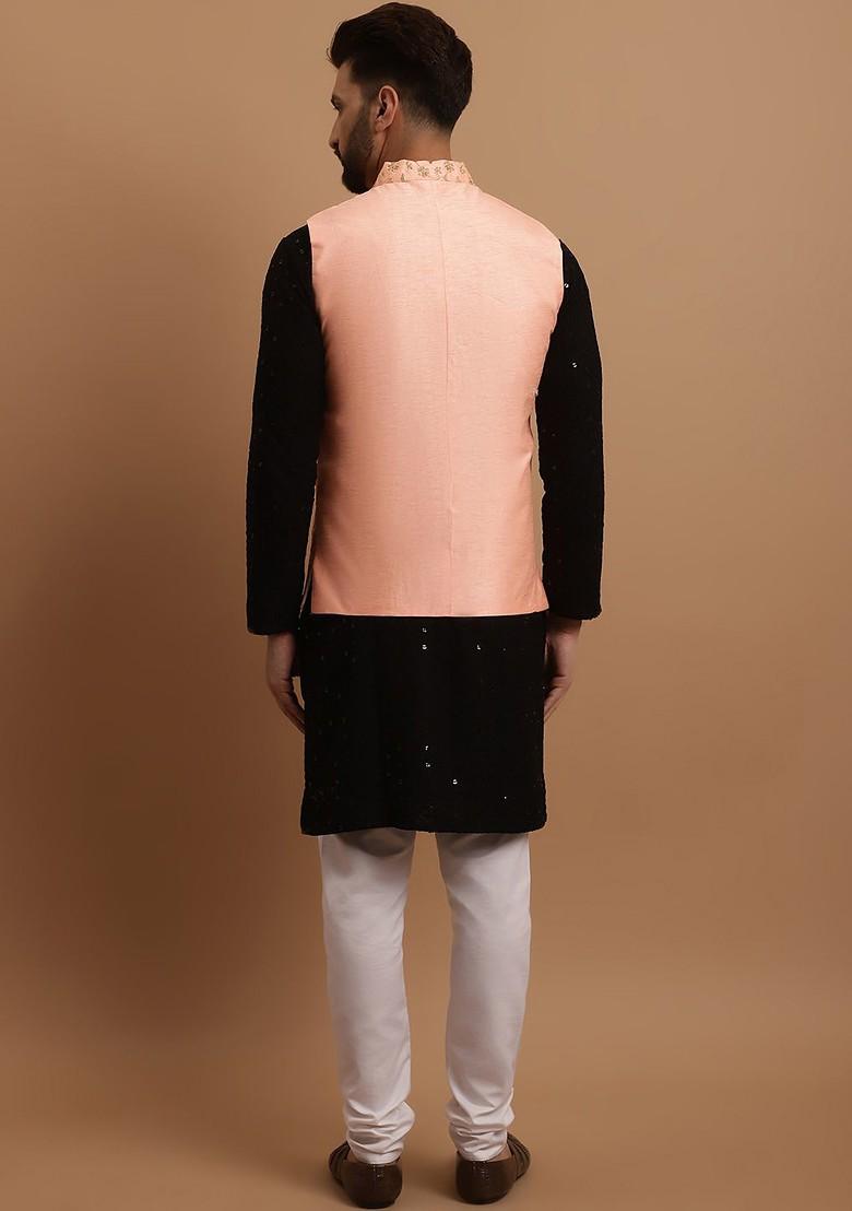 Black Embroidered Cotton Kurta Set For Men