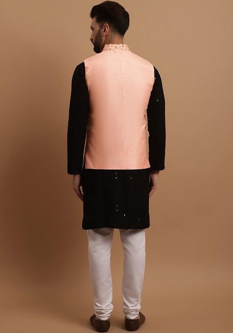 Black Embroidered Cotton Kurta Set For Men