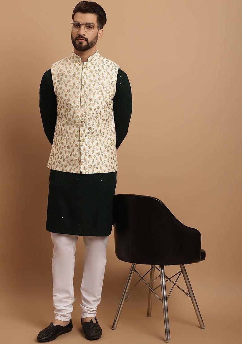 Black Embroidered Cotton Kurta Set For Men