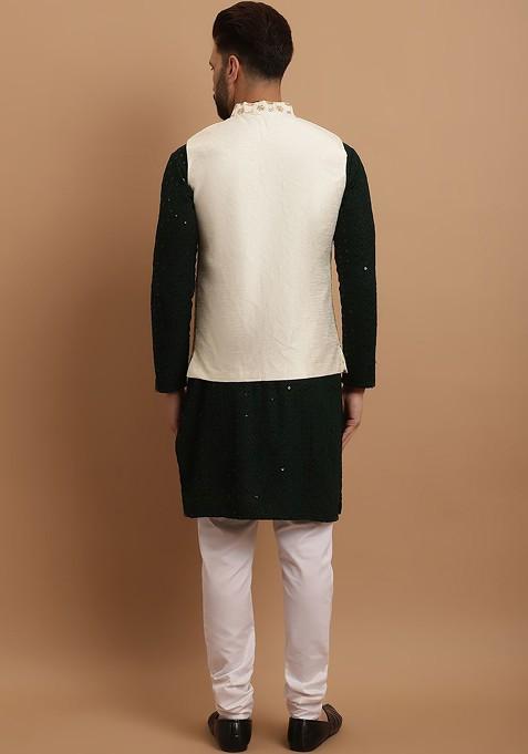 Black Embroidered Cotton Kurta Set For Men