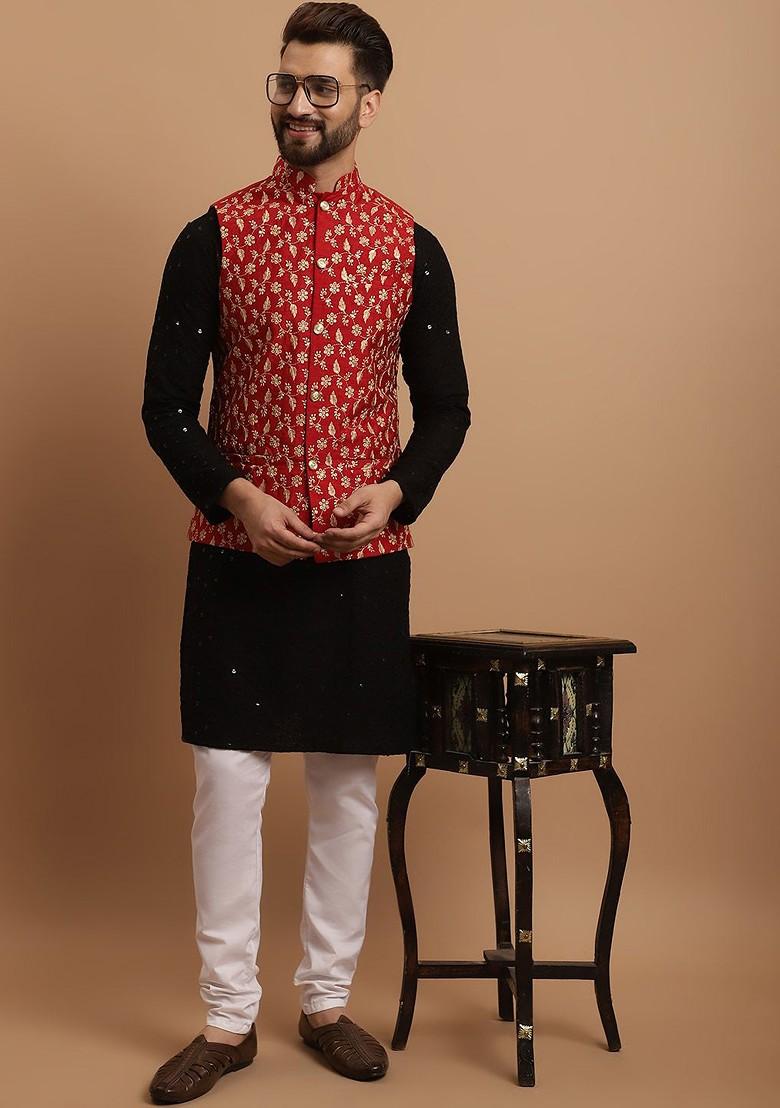 Black Embroidered Cotton Kurta Set For Men