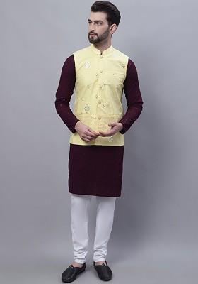 Purple Embroidered Cotton Kurta Set For Men