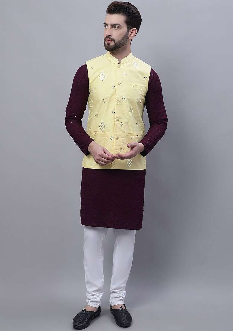 Purple Embroidered Cotton Kurta Set For Men - Indya