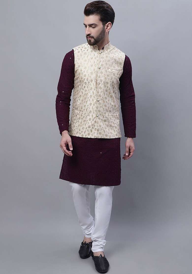 Purple Embroidered Cotton Kurta Set For Men - Indya