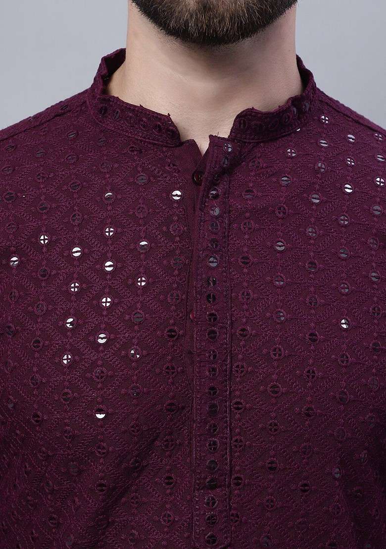 Purple Embroidered Cotton Kurta Set For Men - Indya