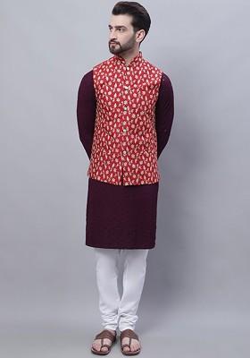 Purple Embroidered Cotton Kurta Set For Men