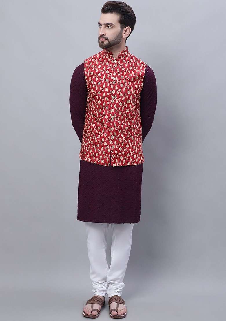 Purple Embroidered Cotton Kurta Set For Men - Indya