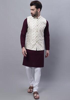 Purple Embroidered Cotton Kurta Set For Men
