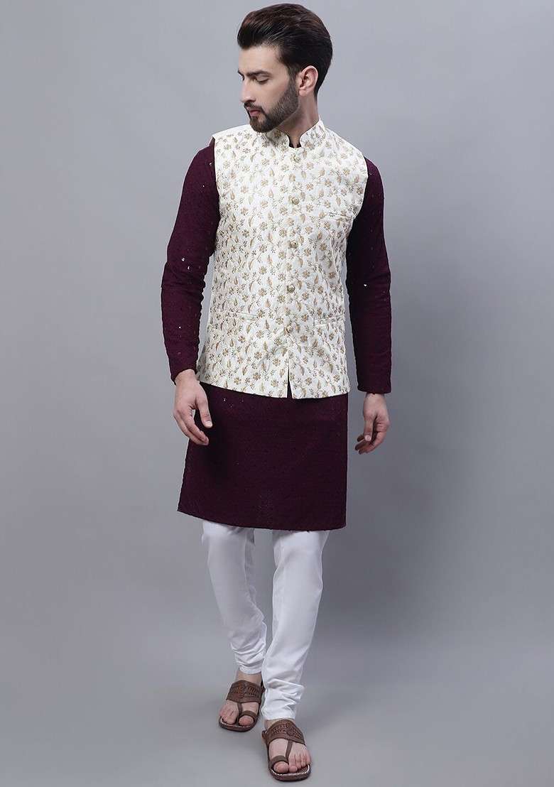 Purple Embroidered Cotton Kurta Set For Men - Indya
