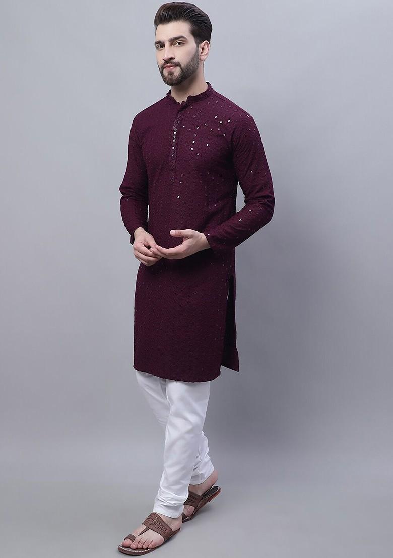 Purple Embroidered Cotton Kurta Set For Men