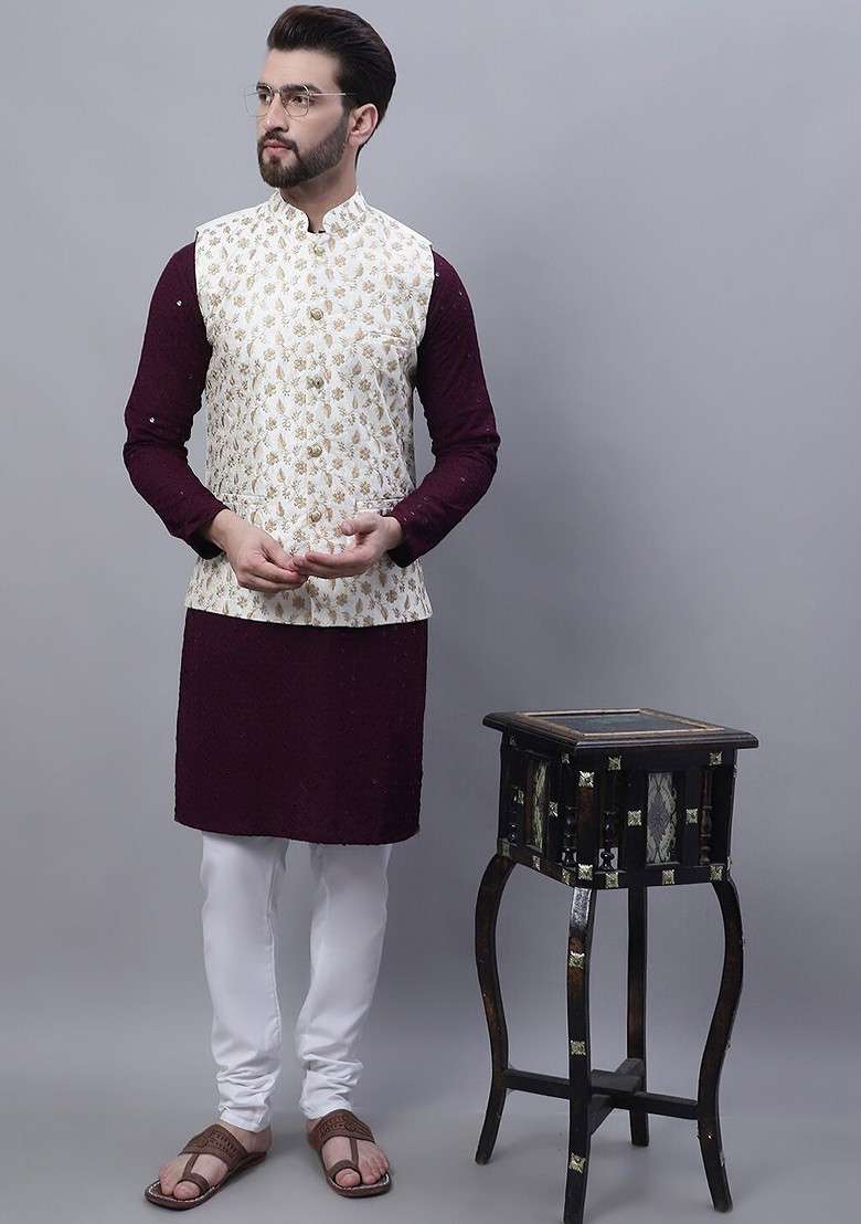 Purple Embroidered Cotton Kurta Set For Men - Indya