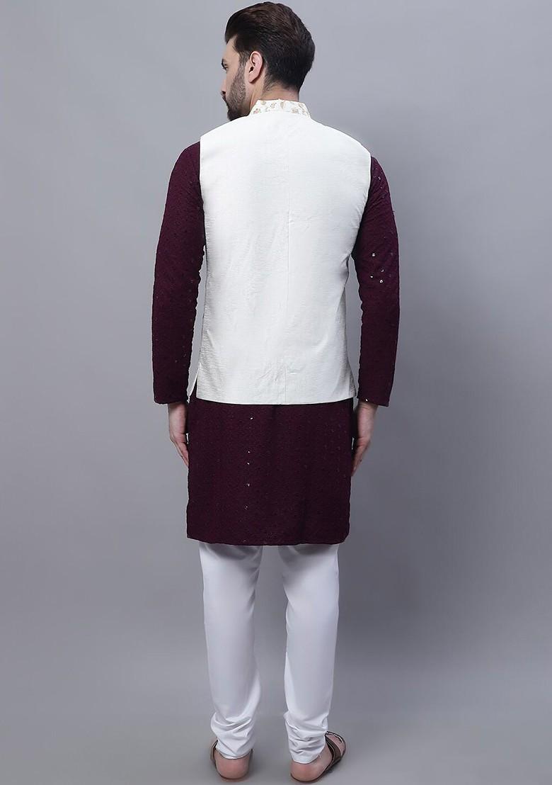 Purple Embroidered Cotton Kurta Set For Men
