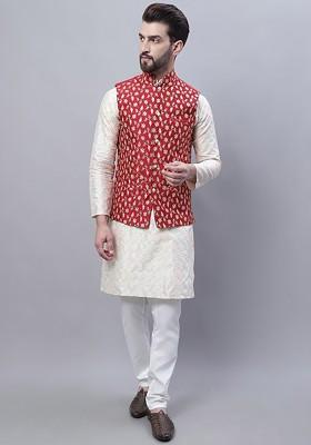 Cream Thread Work Poly Blend Kurta Set For Men