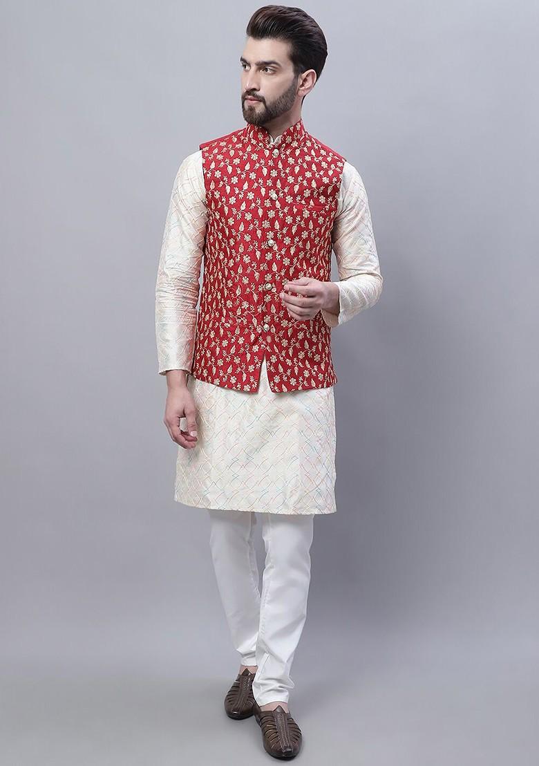 Cream Thread Work Poly Blend Kurta Set For Men