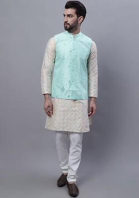 Cream Thread Work Poly Blend Kurta Set For Men