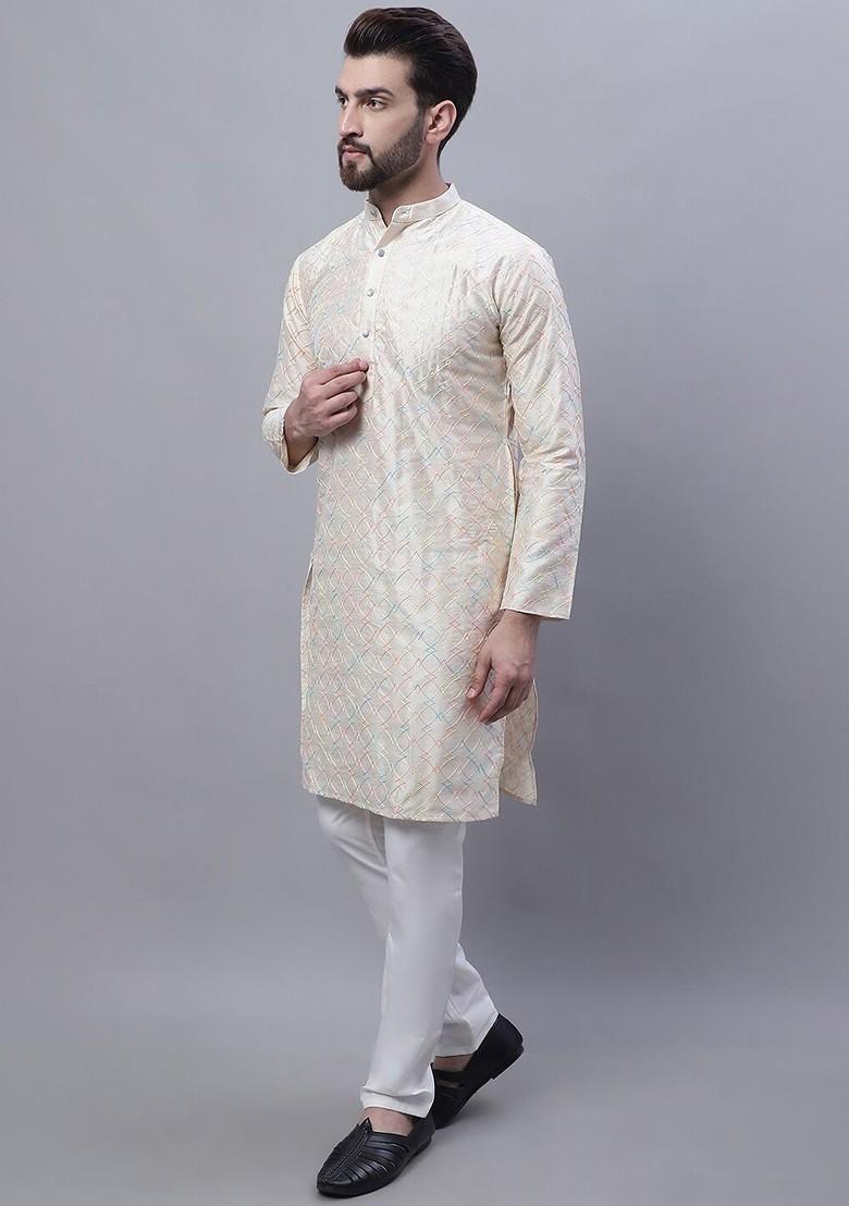 Cream Thread Work Poly Blend Kurta Set For Men