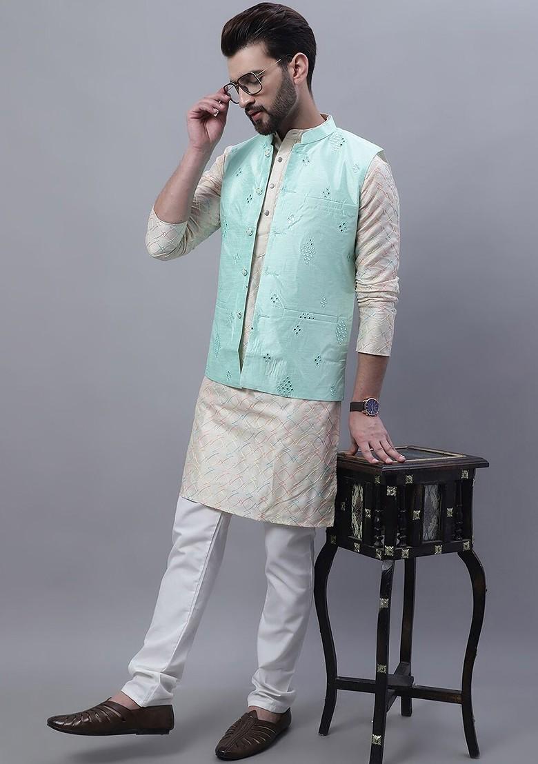 Cream Thread Work Poly Blend Kurta Set For Men