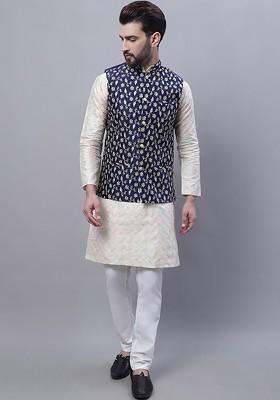Cream Thread Work Poly Blend Kurta Set For Men