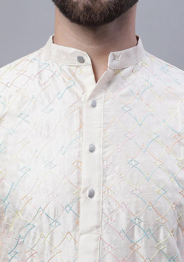 Cream Thread Work Poly Blend Kurta Set For Men