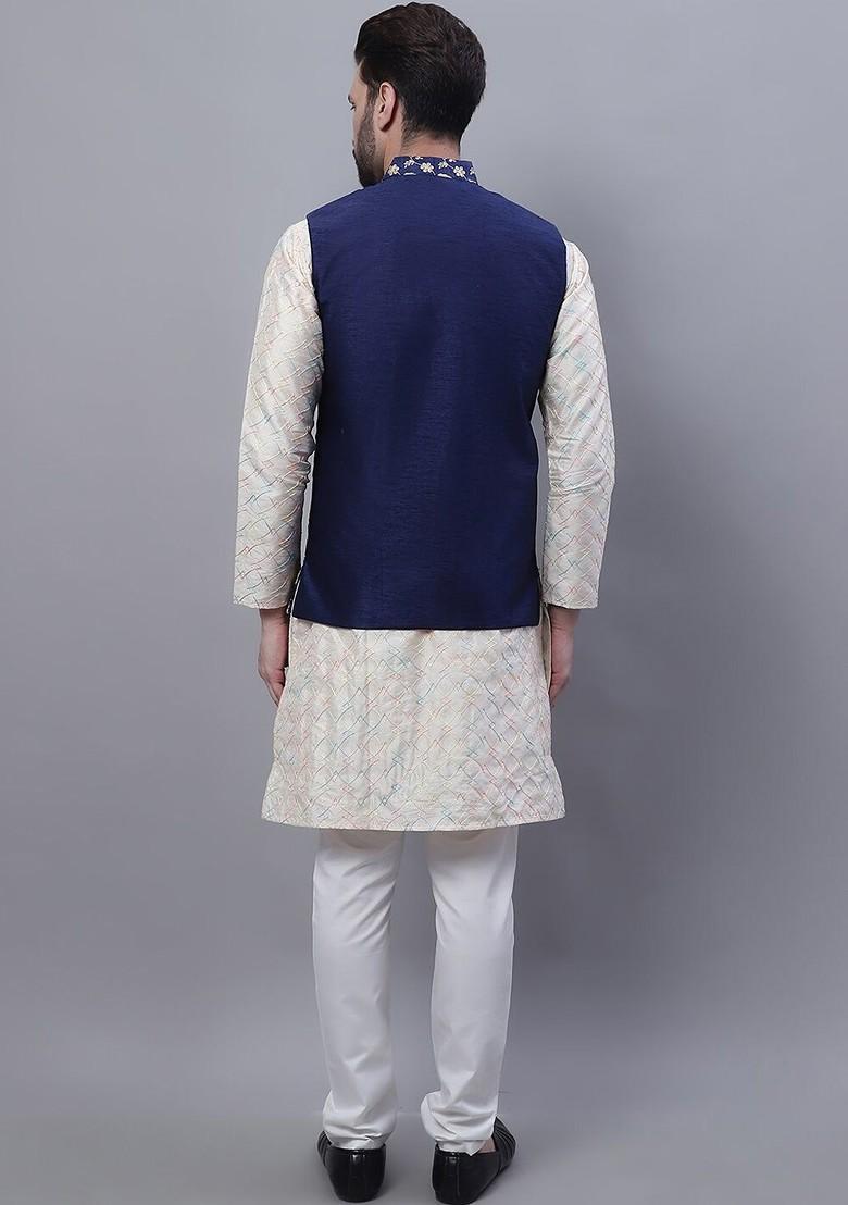 Cream Thread Work Poly Blend Kurta Set For Men