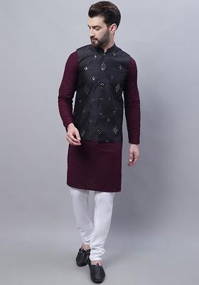 Purple Embroidered Cotton Kurta Set For Men
